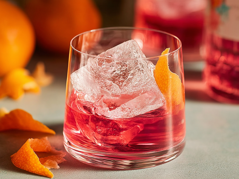 Ein Glas Pink Negroni auf einem Tisch. Der Drink ist mit einer Orangenzeste garniert.