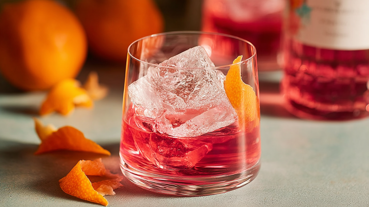 Ein Glas Pink Negroni auf einem Tisch. Der Drink ist mit einer Orangenzeste garniert.