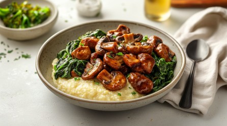 Polenta mit Champignons und Spinat in einer Schüssel, daneben ein Löffel und eine Stoffserviette, im Hintergrund einige Zutaten.