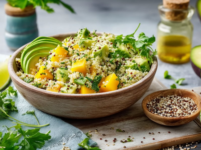 Eine Schüssel mit Quinoa-Avocadosalat steht auf einer Holzunterlage auf grauem Untergrund. Links neben der Schale liegt frische Petersilie, eine Limettenspalte sowie eine Limette. Rechts neben der Schale steht ein Schälchen mit Quinoa sowie eine halbierte Limette, eine halbierte Avocado und im Hintergrund ein Fläschchen Öl.