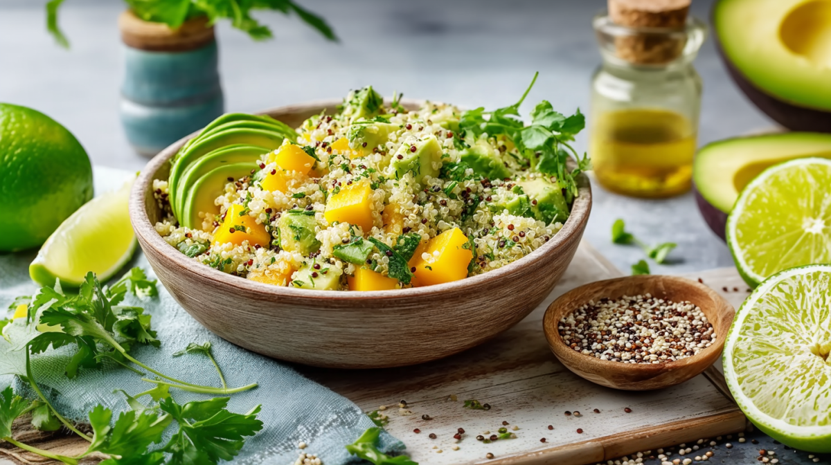 Eine Schüssel mit Quinoa-Avocadosalat steht auf einer Holzunterlage auf grauem Untergrund. Links neben der Schale liegt frische Petersilie, eine Limettenspalte sowie eine Limette. Rechts neben der Schale steht ein Schälchen mit Quinoa sowie eine halbierte Limette, eine halbierte Avocado und im Hintergrund ein Fläschchen Öl.