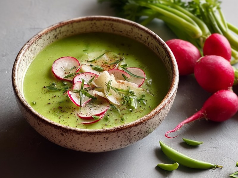 Schale mit Radieschenblättersuppe und Radieschen daneben