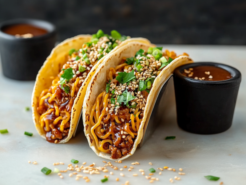 Zwei Ramen-Tacos liegen auf einem hellen Tisch. Daneben stehen zwei Schälchen mit Soße.