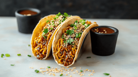 Zwei Ramen-Tacos liegen auf einem hellen Tisch. Daneben stehen zwei Schälchen mit Soße.