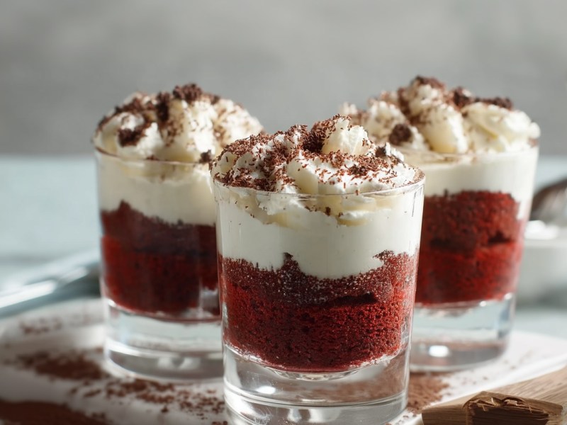 3 Red Velvet Cakes im Glas auf einem Holzbrett.