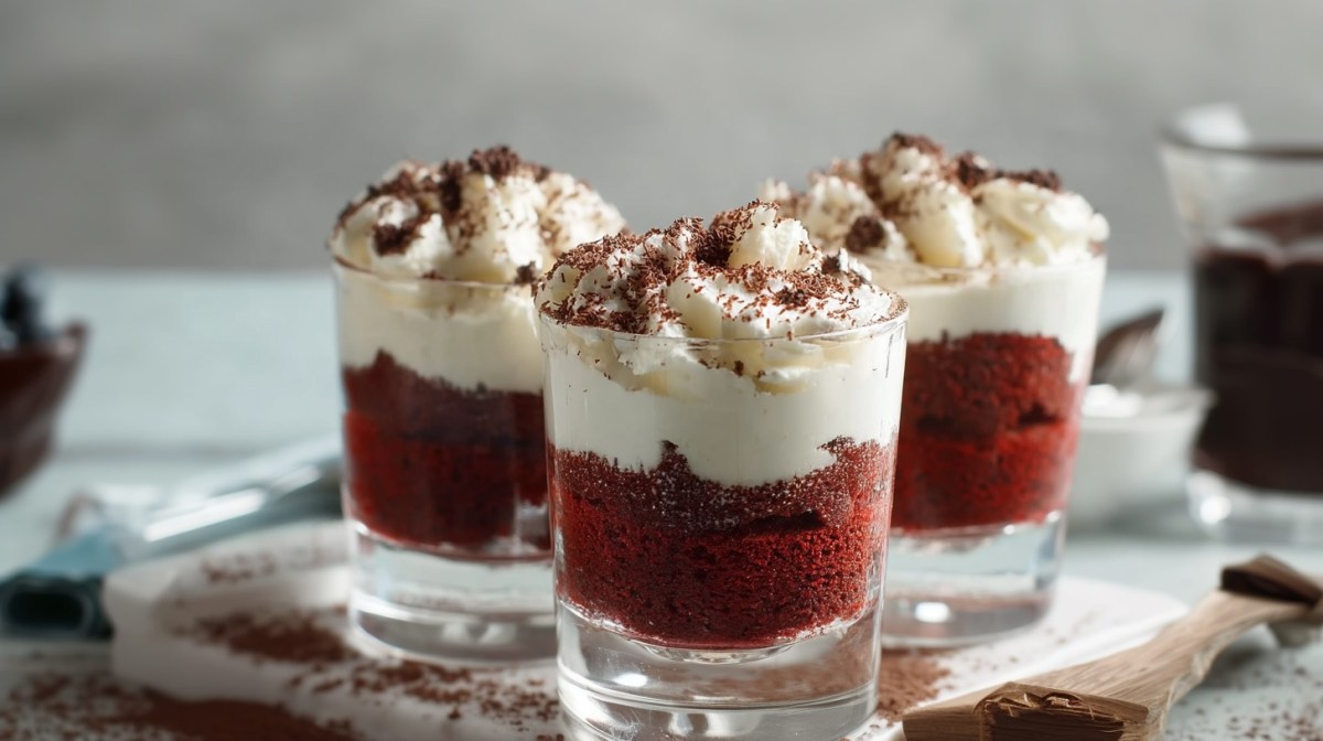 3 Red Velvet Cakes im Glas auf einem Holzbrett.