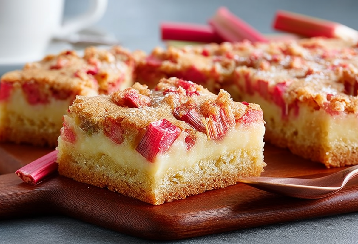 Einige Stücke Rhabarber-Puddingkuchen vom Blech.