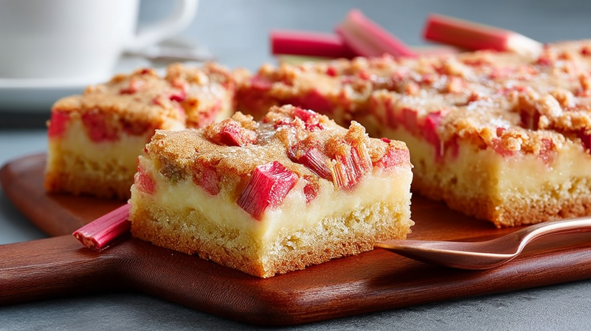 Einige Stücke Rhabarber-Puddingkuchen vom Blech.