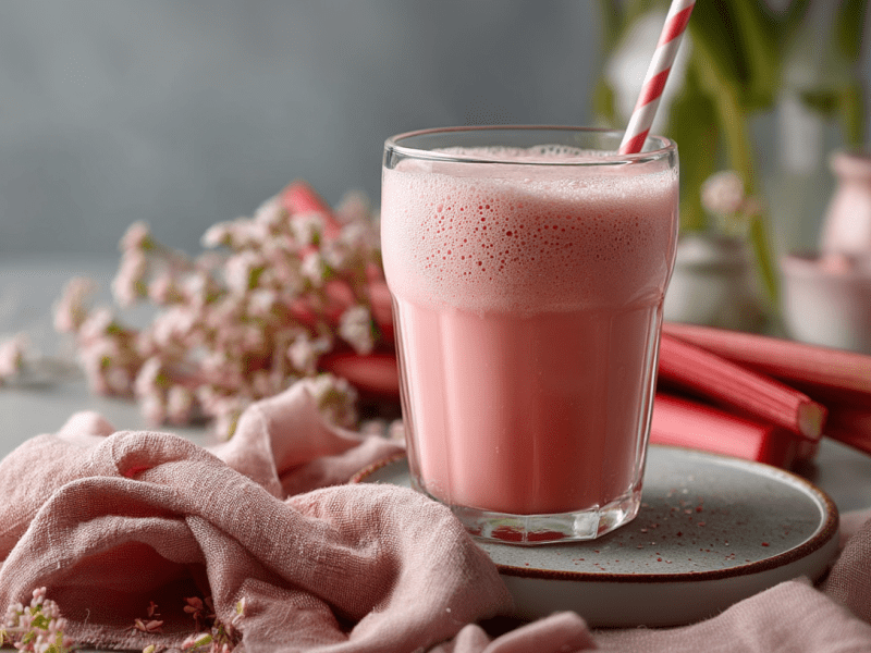 Ein Glas mit Rhabarber-Quark-Shake. Im Glas steckt ein rosa und weiß gestreifter Strohhalm. Um das Glas liegt ein rosa Küchenhandtuch drapiert. Außerdem sind einige Stangen Rhabarber, weiße Trockenblumen und einige verschieden große Deko-Gefäße zu sehen.