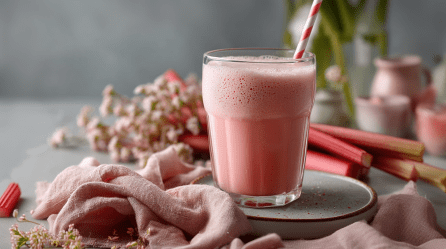 Ein Glas mit Rhabarber-Quark-Shake. Im Glas steckt ein rosa und weiß gestreifter Strohhalm. Um das Glas liegt ein rosa Küchenhandtuch drapiert. Außerdem sind einige Stangen Rhabarber, weiße Trockenblumen und einige verschieden große Deko-Gefäße zu sehen.