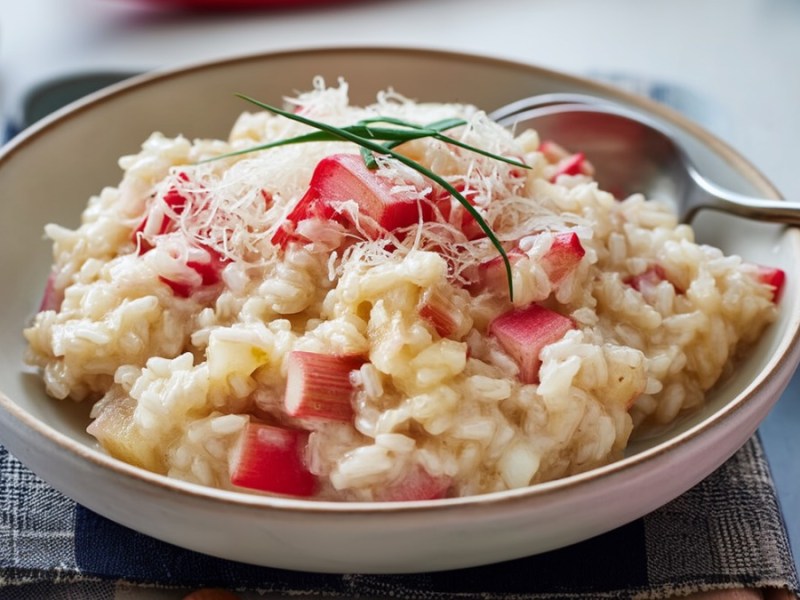Rhabarber-Risotto in einer Schüssel.