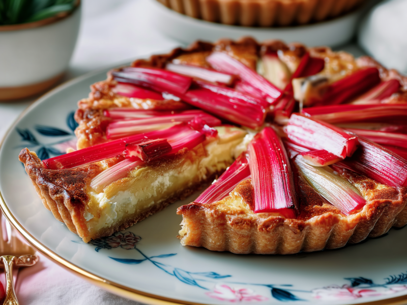Eine Rhabarber-Ziegenkäse-Tarte auf einem Teller mit Blumenmuster. Daneben liegt eine Gabel sowie zwei weitere kleine Rhabarberstangen.