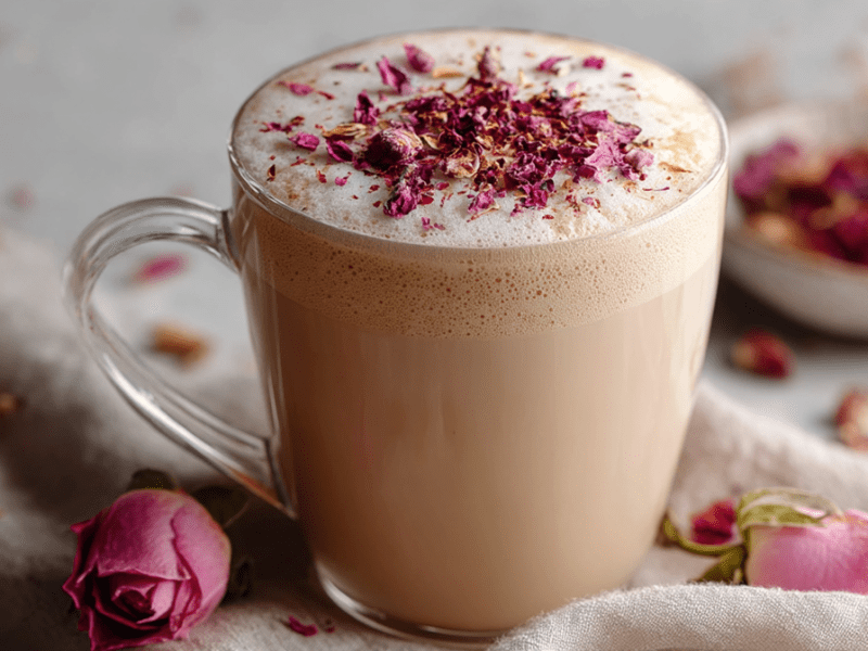 Eine gläserne Tasse mit einem Rose Vanilla Latte. Die Kaffeespezialität ist dekoriert mit getrockneten Rosenblüten, die auf dem Milchschaum schwimmen. Im Hintergrund kann man eine Schale erkennen, in der getrocknete Rosenblüten liegen. Um die Tasse herum liegen ebenfalls Blüten verstreut.