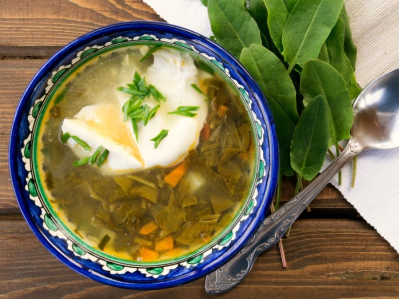 Eine Schüssel Sauerampfer-Suppe mit Ei in der Draufsicht.