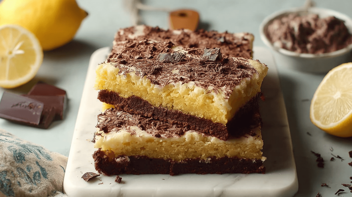Mehrere Stücke Schoko-Zitronenkuchen vom Blech.