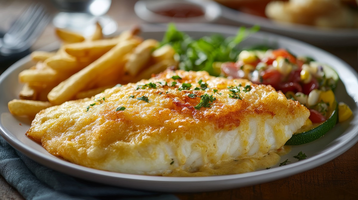 Teller mit Seelachs mit Käsekruste und Pommes frites sowie ein Salat daneben