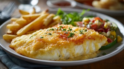 Teller mit Seelachs mit Käsekruste und Pommes frites sowie ein Salat daneben
