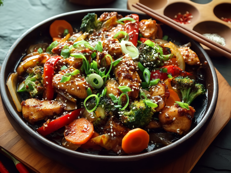 Eine Schale Sesam-Hähnchen-Pfanne auf einem Holzbrett. Links neben dem Brett liegen ein paar Chilischoten. Rechts neben dem Brett liegen Schalen mit Gewürzen.