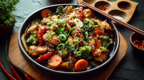 Eine Schale Sesam-Hähnchen-Pfanne auf einem Holzbrett. Links neben dem Brett liegen ein paar Chilischoten. Rechts neben dem Brett liegen Schalen mit Gewürzen.