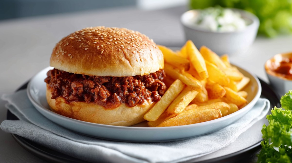 Ein Sloppy Joe Burger auf einem Teller mit Pommes, daneben etwas frischer Salat.