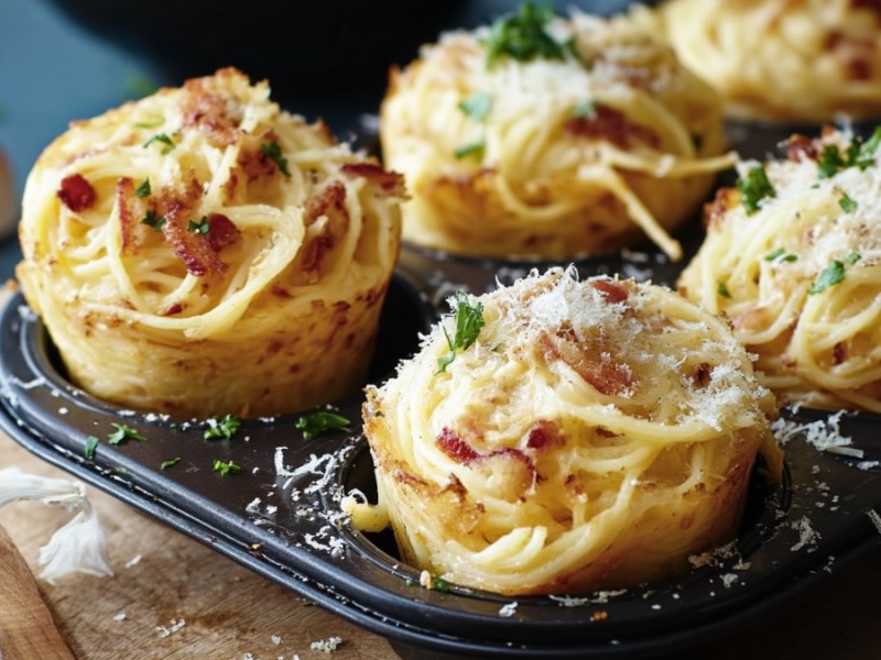 Spaghetti-Carbonara-Muffins in einem Muffinblech.