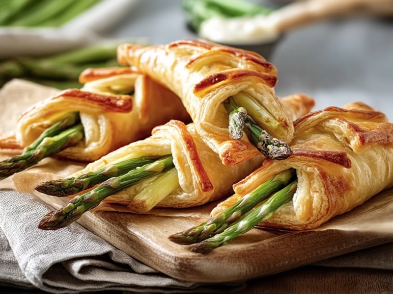 Mehrere Spargel-Blätterteig-Taschen auf einem Holzbrett.