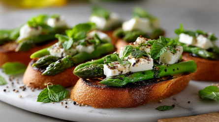 Eine Servierplatte aus Stein, auf der mehrere Scheiben Spargel-Bruschetta mit Büffelmozzarella und Minze liegen, die mit etwas Honig beträufelt und mit frischem gemahlenem Pfeffer garniert sind. Außerdem kann man angeschnitten zwei Spargelstangen erkennen, die in den Vordergrund ragen. Im Hintergrund kann man weitere Bruschetta-Scheiben erkennen.