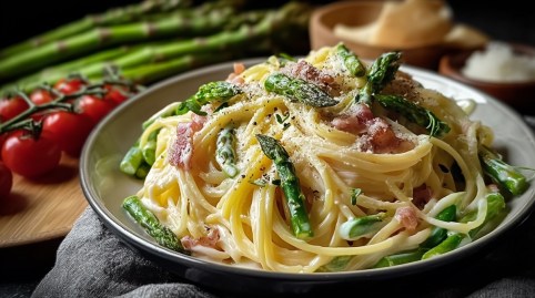Teller Spargel Carbonara mit Zutaten daneben