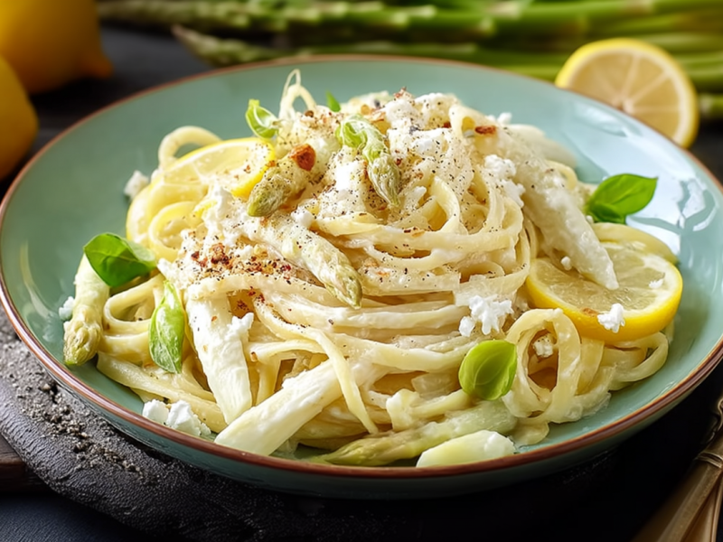 Ein blau-schwarzer Teller mit Spargel-Feta-Pasta, garniert mit Basilikum.