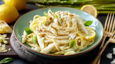 Ein blau-schwarzer Teller mit Spargel-Feta-Pasta, garniert mit Basilikum.