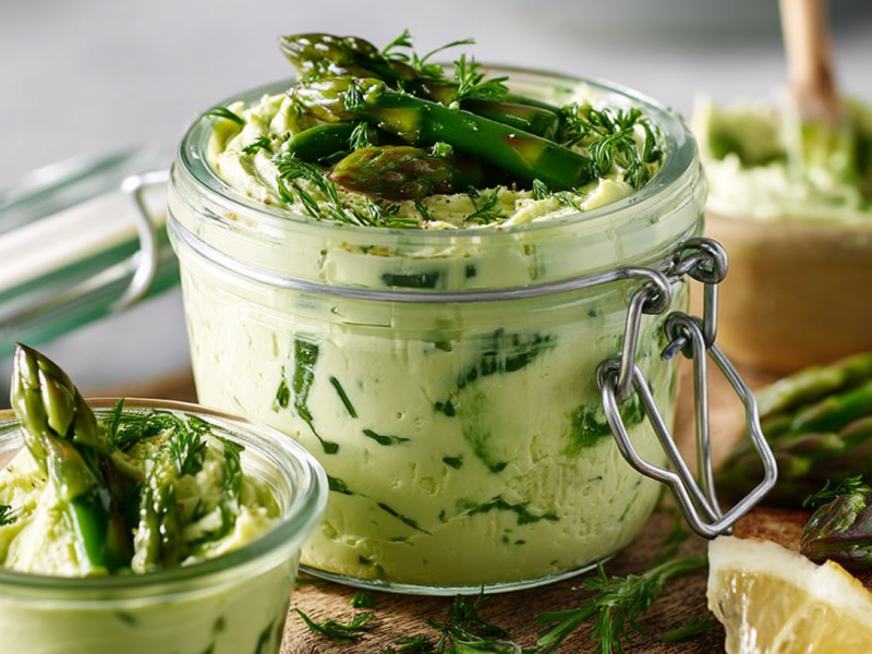 Spargel-Frischkäse-Aufstrich in einem Einmachglas, garniert mit Stücken frischem Spargel.