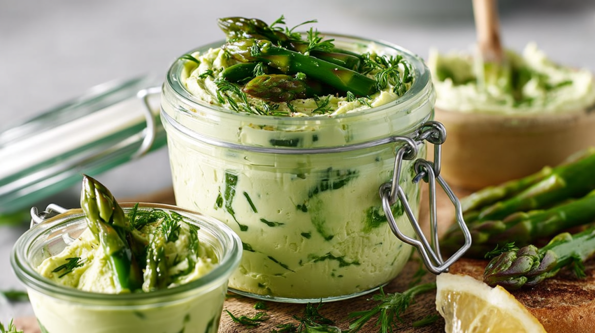 Spargel-Frischkäse-Aufstrich in einem Einmachglas, garniert mit Stücken frischem Spargel.