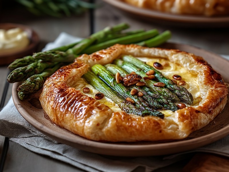 Spargel-Galette mit Ziegenkäse und Honig auf einem Tisch