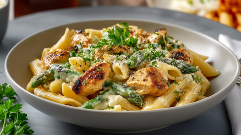 Ein Teller mit einer Spargel-Hähnchen-Nudelpfanne.