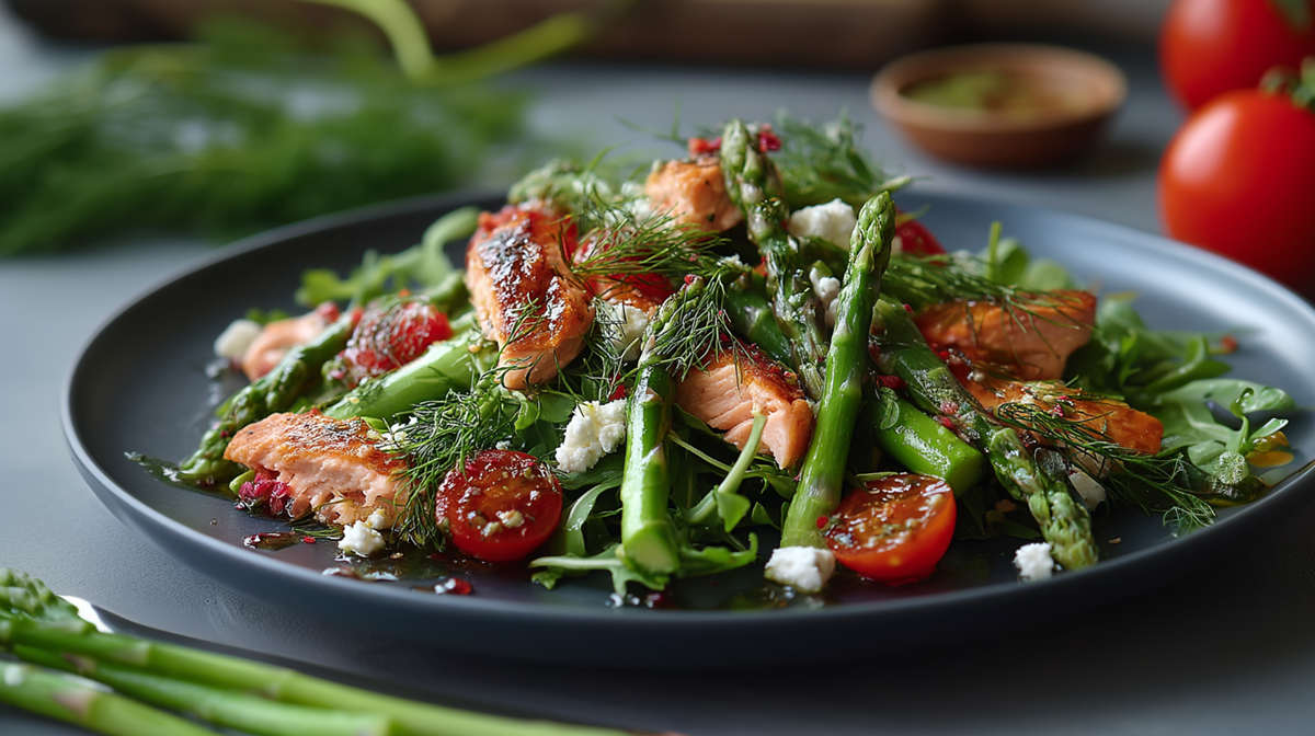 Ein großer Teller mit Spargel-Lachs-Salat, der außerdem Cherrytomaten, Rucola und Feta enthält. Der Salat ist mit frischem Dill garniert. Im Hintergrund kann man ein paar Tomaten, frischen Dill, eine Schale mit süßem Senf erkennen. Im Vordergrund neben dem Teller liegen zwei grüne Spargelstangen.
