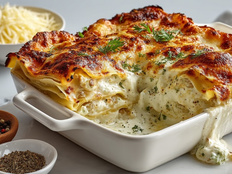 Spargel-Lasagne in einer weißen Auflaufform, ein Stück wurde schon entnommen. Daneben eine Schale mit geriebenem Käse und eine Schale mit Pfeffer.