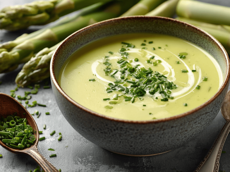 Eine Schüssel mit Spargel-Lauch-Suppe, die mit frischen Schnittlauchröllchen garniert ist. Neben der Schüssel liegt ein Löffel. Außerdem sind grüne Spargel- und Lauchstangen zu sehen.