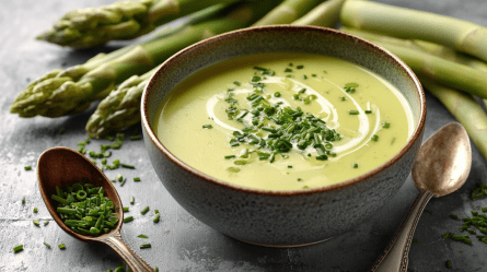 Eine Schüssel mit Spargel-Lauch-Suppe, die mit frischen Schnittlauchröllchen garniert ist. Neben der Schüssel liegt ein Löffel. Außerdem sind grüne Spargel- und Lauchstangen zu sehen.