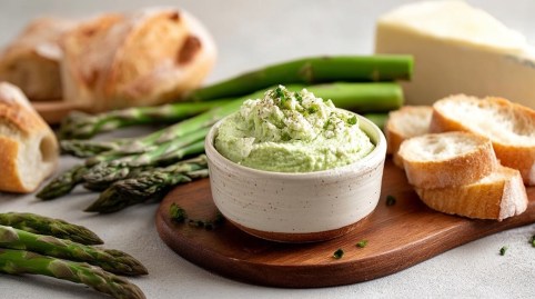 Ein Holzbrett auf dem eine kleine Schale mit Spargel-Ricotta-Dip steht. Neben der Schale liegen einige Scheiben frisches Baguette. Außerdem liegt grüner Spargel, ein Block Parmesan und frisches Baguette herum.