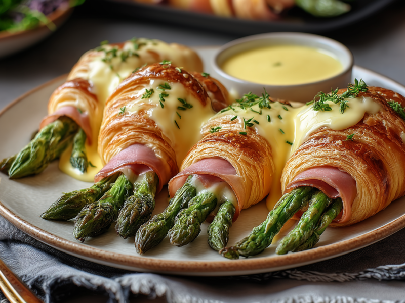 Vier Spargel-Schinken-Croissants liegen auf einem grauen Teller. Sie sind mit grünem Spargel und Schinken gefüllt und mit Hollandaise-Soße übergossen. Links neben dem Teller liegt eine Gabel. Im Hintergrund liegen noch einige Zutaten.