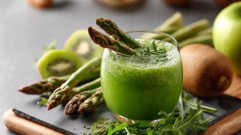 Ein Glas mit Spargel-Smoothie steht auf einer Schieferplatte auf einem Holzbrett. Um das Glas herum liegt ein wenig Rucola. Im Hintergrund sieht man grüne Spargelstangen, Kiwis und einen grünen Apfel. Zwei grüne Spargelstangen sind als Garnitur ins Glas gelegt.