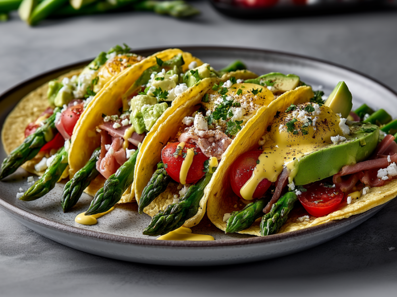 Ein großer Teller mit einigen Spargel-Tacos. Um den Teller herum liegen ein paar Tomaten. Im Hintergrund kann man einige Stangen Spargel erahnen.