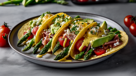 Ein großer Teller mit einigen Spargel-Tacos. Um den Teller herum liegen ein paar Tomaten. Im Hintergrund kann man einige Stangen Spargel erahnen.