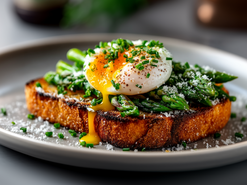 Ein Teller mit einem Spargel-Toast mit pochiertem Ei, der mit frischen Schnittlauchröllchen und etwas geriebenem Parmesan garniert ist. Der Teller steht auf einer grauen Arbeitsfläche.