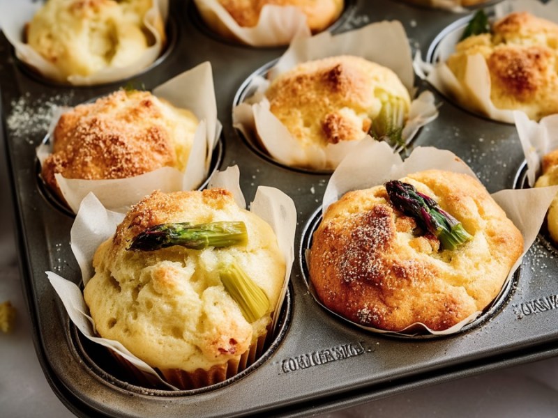 Ein Blech mit frisch gebackenen Spargelmuffins.