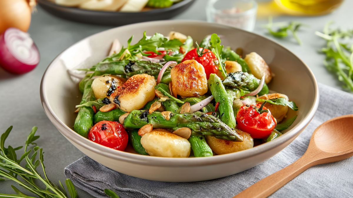 Eine Schüssel Spargelsalat mit Gnocchi steht auf einem grauen Tuch auf einem grauen Tisch. Rechts daneben liegt ein Kochlöffel aus Holz. Davor liegen ein paar frische Kräuter. Im Hintergrund sieht man noch eine aufgeschnittene Zwiebel.