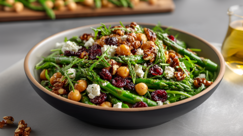 Eine große Schüssel voll Spargelsalat mit Kichererbsen und Cranberrys, der außerdem Walnüsse, Rucola und Feta enthält. Neben dem Salat steht ein kleines Gefäß mit Öl, im Hintergrund kann man grünen Spargel auf einem Holzbrett erkennen und es liegen zwei einzelne Walnüsse herum.