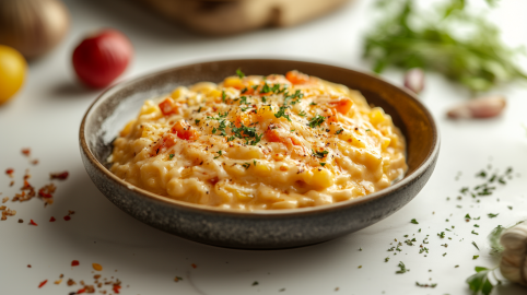 Ein Teller mit Spätzle'n'Cheese auf einem hellen Untergrund. Im Hintergrund sieht man noch eine gelbe Paprika, eine Zwiebel, frische Kräuter und zwei Knoblauchzehen.