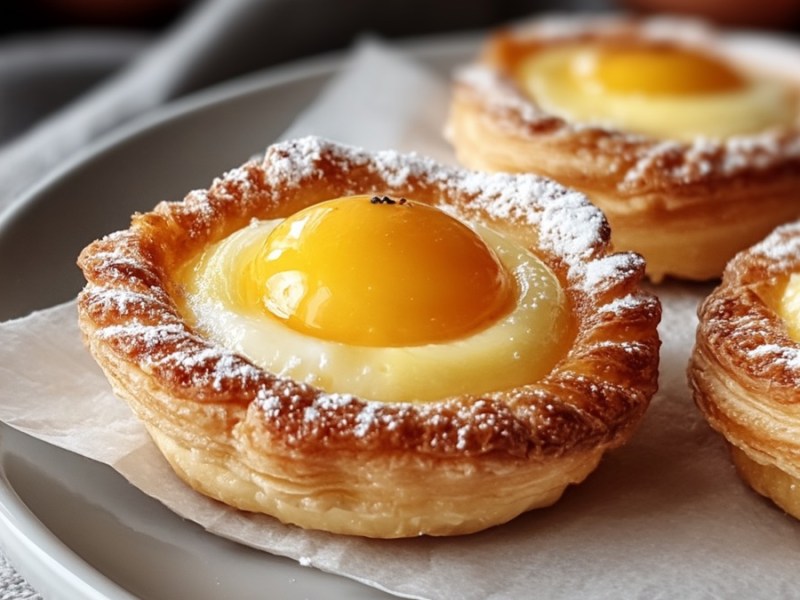 Mehrere Spiegelei-Törtchen auf einem Teller.