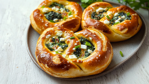 Drei Spinat-Feta-Brezel liegen auf einer grauen Schale. Im Hintergrund liegen noch frische Kräuter.